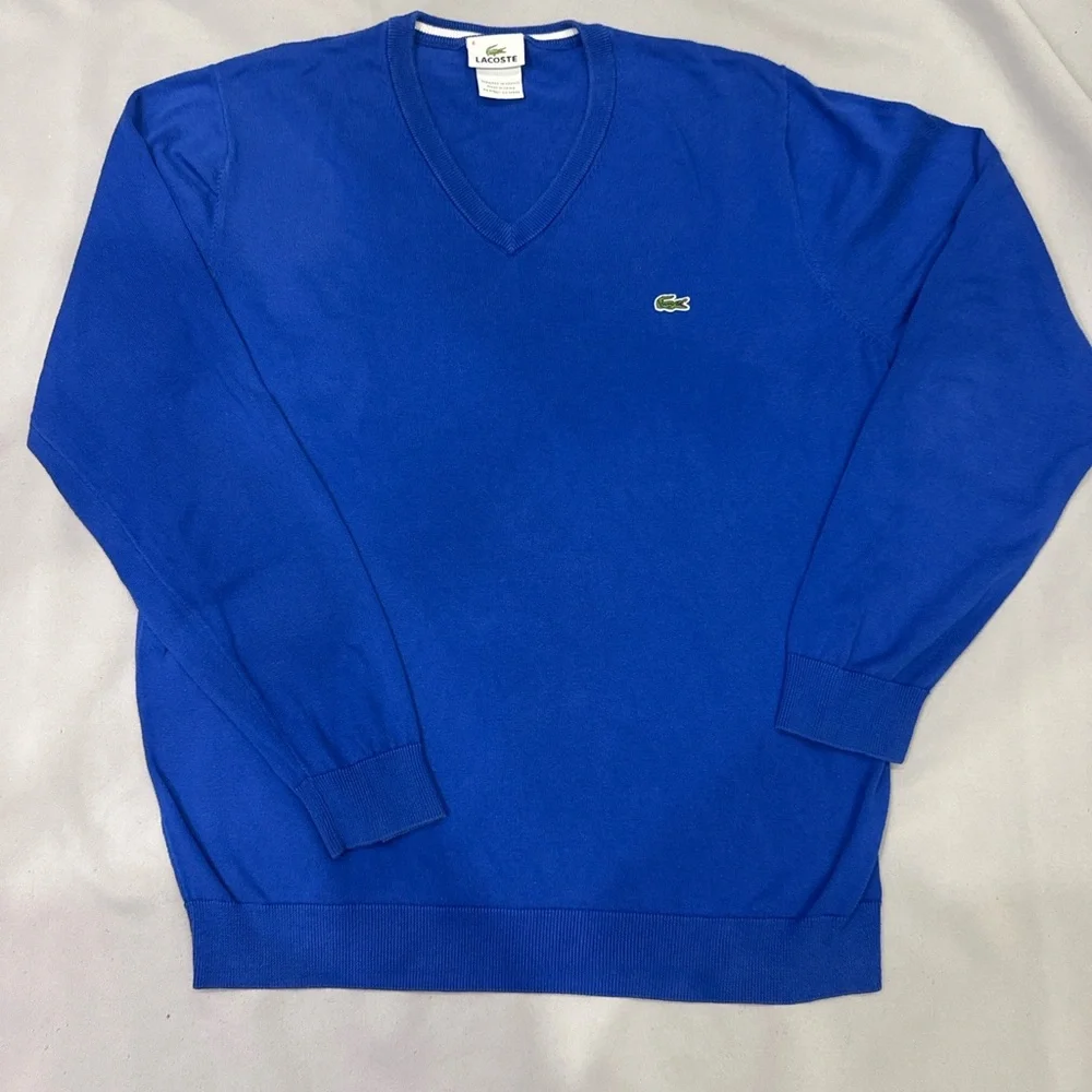 Lacoste Classic V-Neck Cotton Sweater | Size 6 (FR 44) | Iconic Blue 🐊